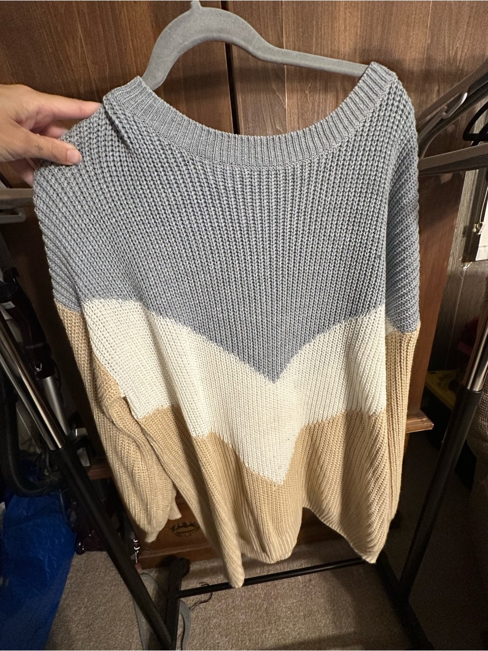 Cozy Co - Women’s Colorblock Pullover Sweater in Light Gray, Cream & Tan